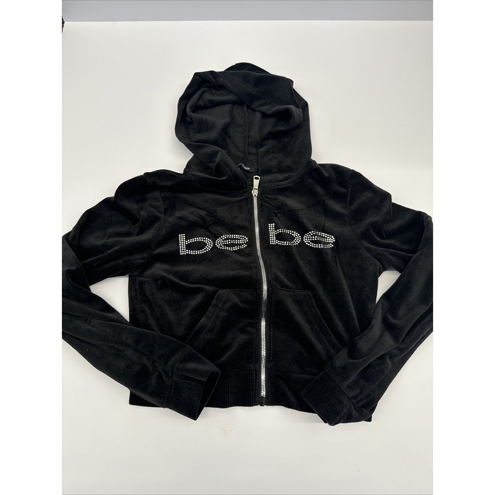 BEBE SPORT Hoodie Jacket‎ Size Med Embellished Pearl Logo Front Zipper Pockets